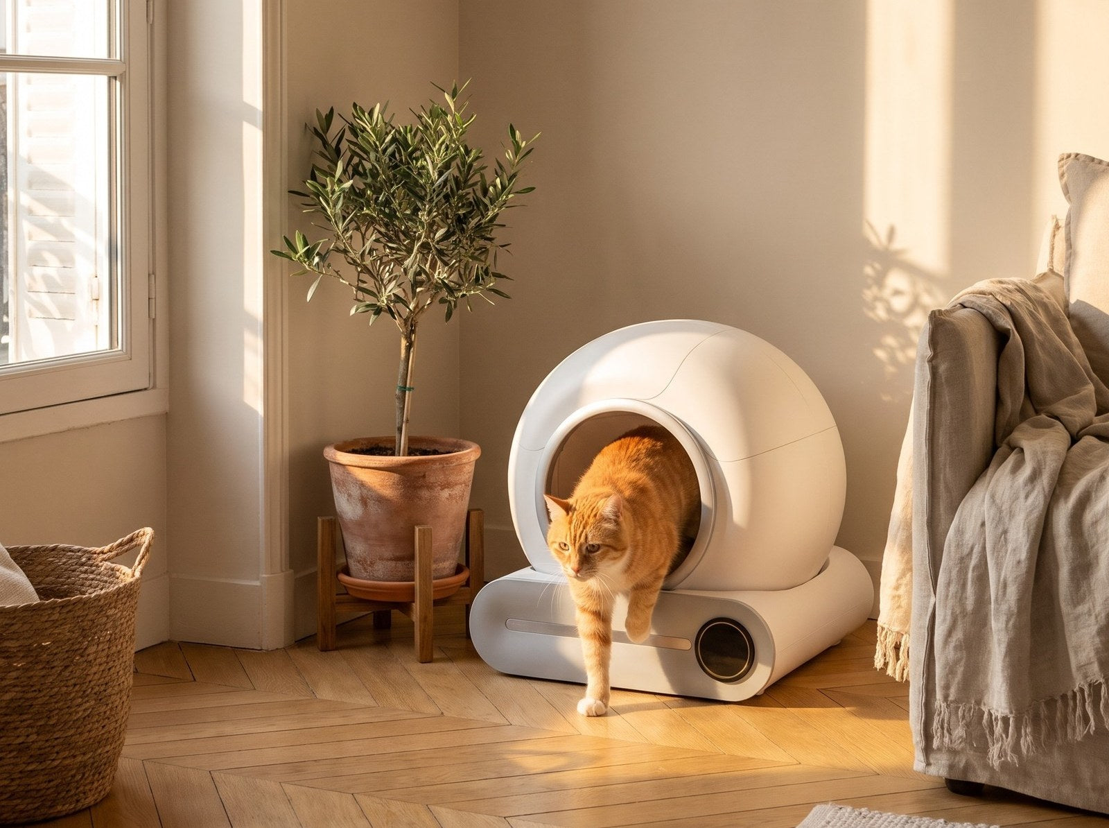 Chat roux qui sort de la litière autonettoyante Chatonome dans un salon lumineux