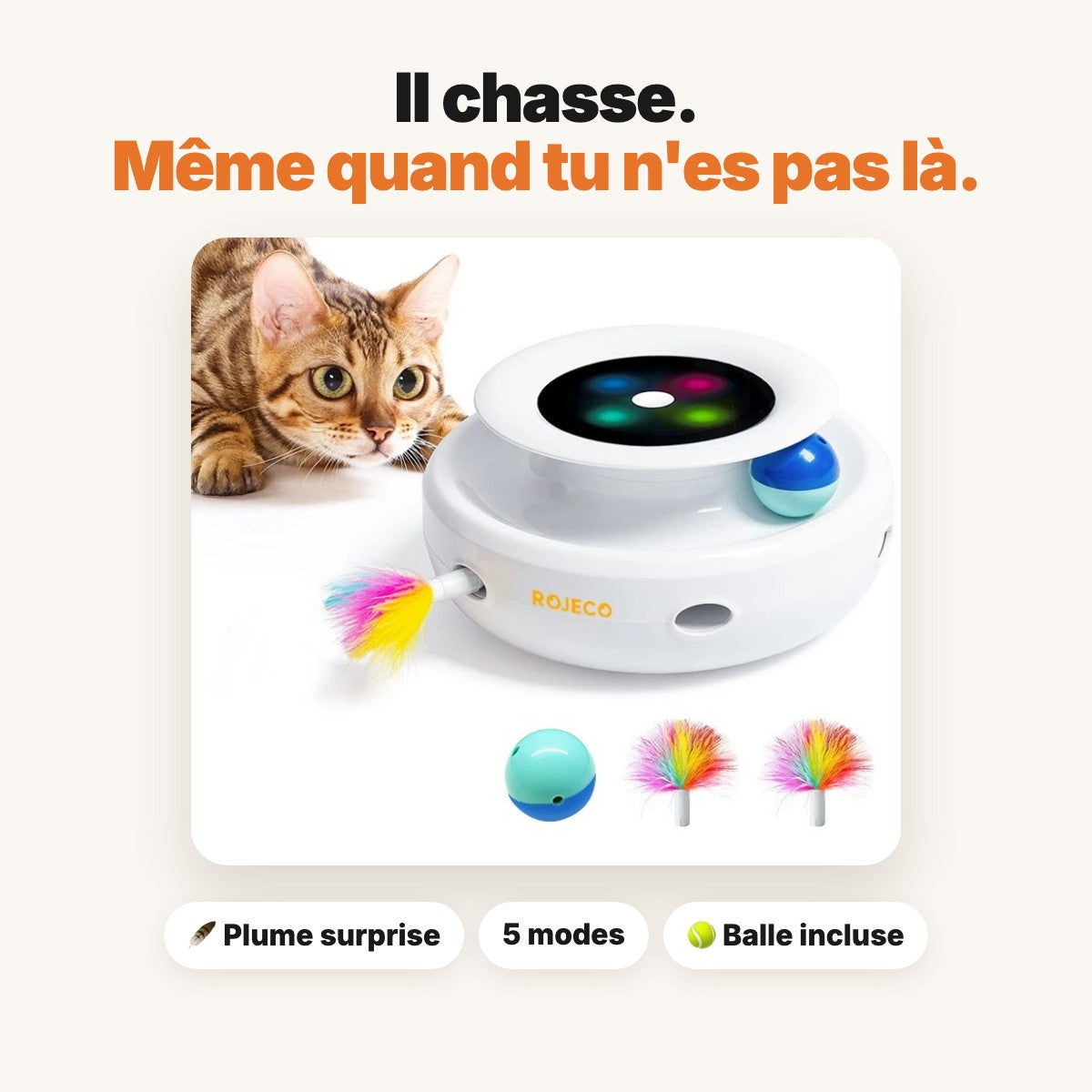 Jouet automatique pour chat Chatonome – plume surprise et balle